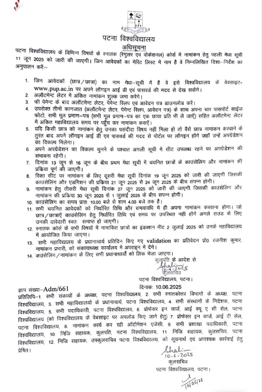 Download Patna University UG 1st Admission Merit List